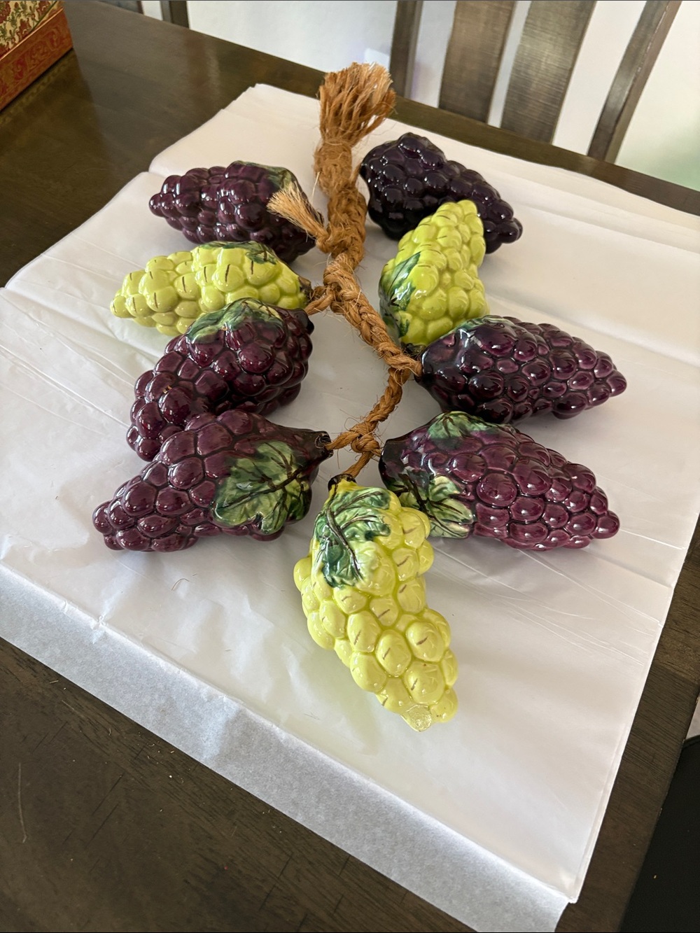 Ceramic Tuscan Italy Hanging Grape Cluster On Jute Cord Wall Hanging Decor 3D